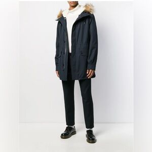 Sandro Men's Dark Blue Puffer Coat with Fur Hood